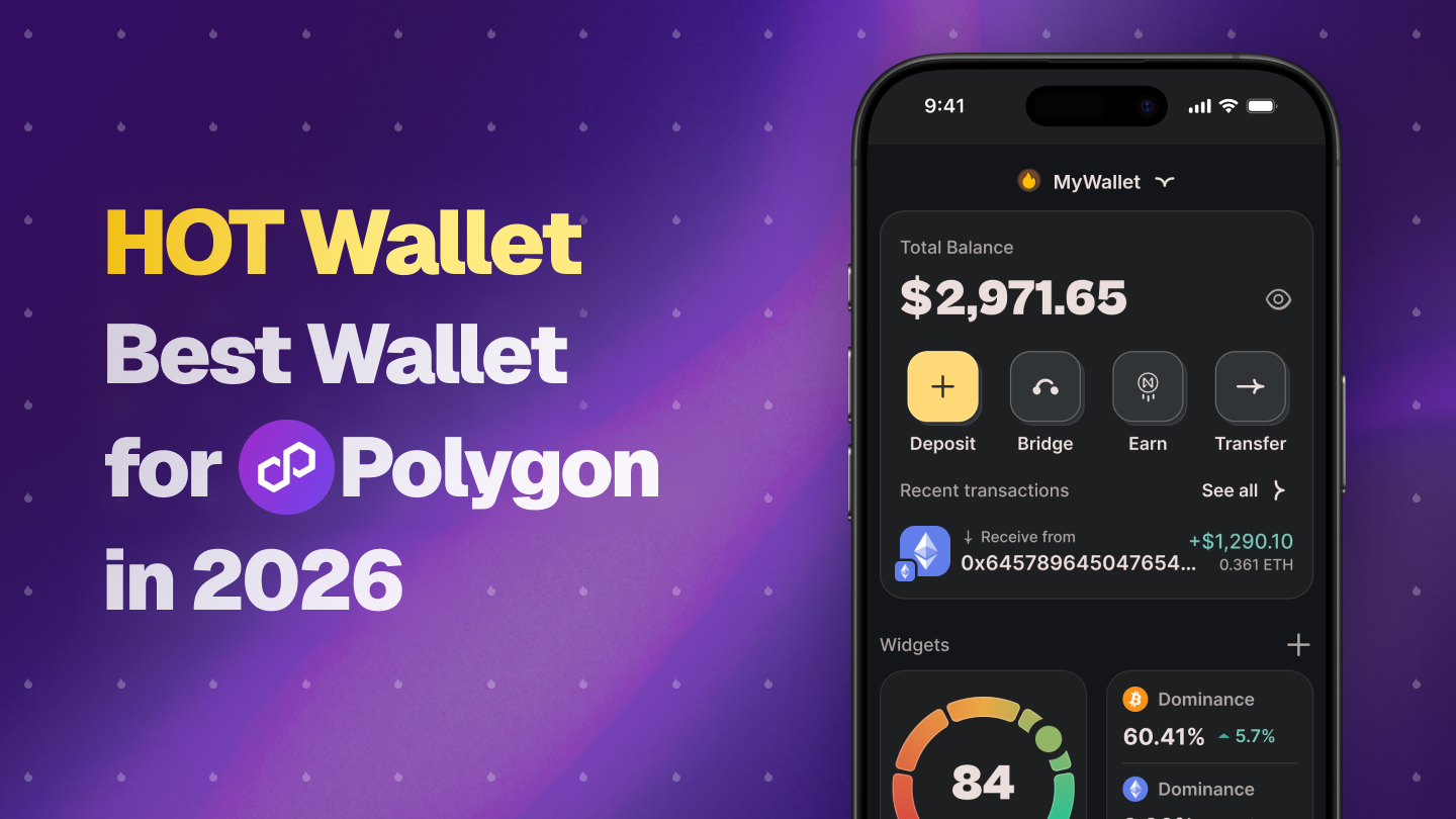 HOT Wallet mobile app interface showcasing it as the best wallet for Polygon in 2026, with total balance of $2,971.65, deposit, bridge, earn, and transfer buttons, recent Ethereum transaction, and market dominance widgets on a purple gradient background.