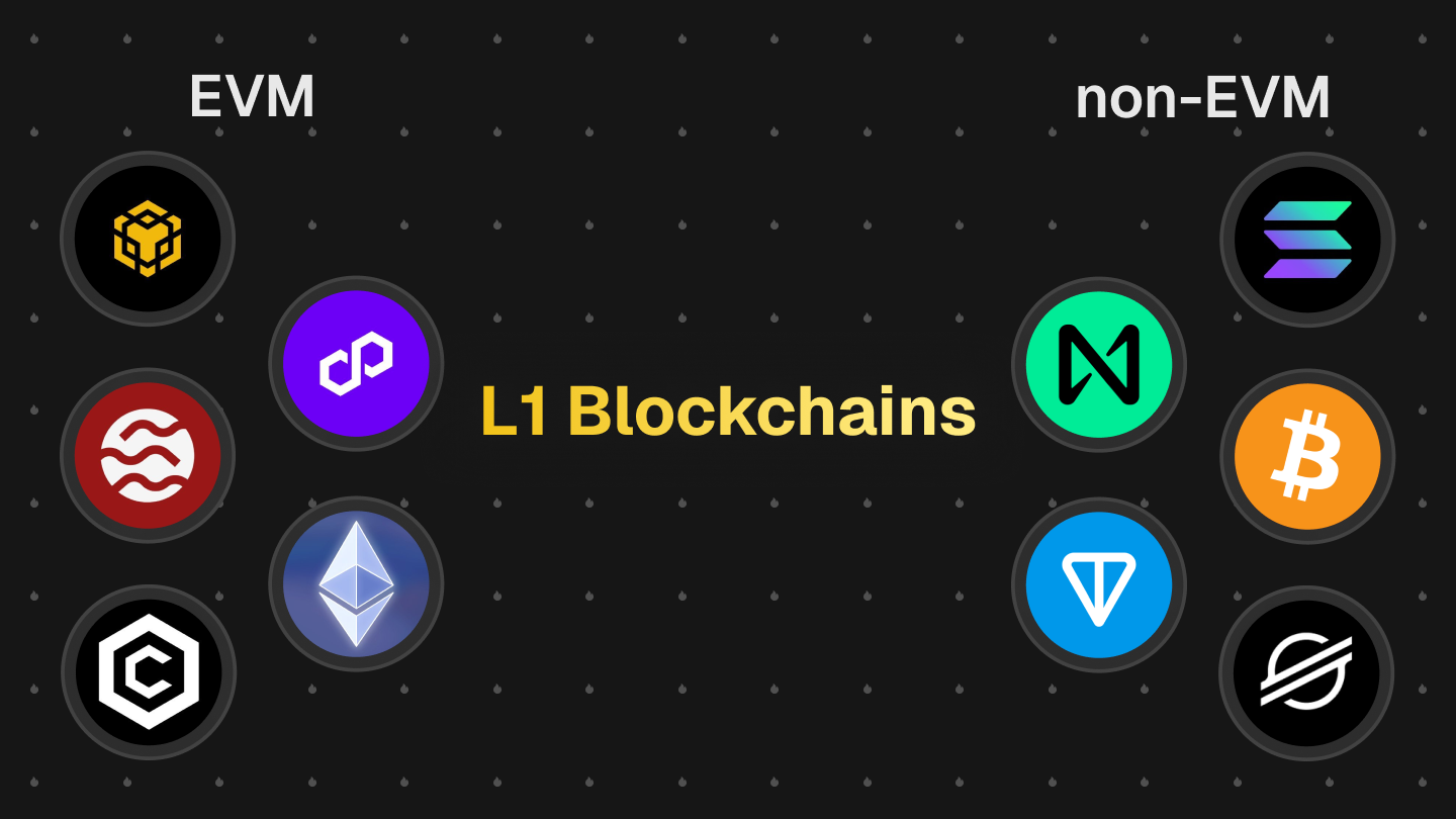 Infographic of Layer 1 blockchains divided into EVM and non-EVM networks, including Ethereum, BNB Smart Chain, Polygon, Bitcoin, Solana, NEAR, TON, and other L1 blockchains.
